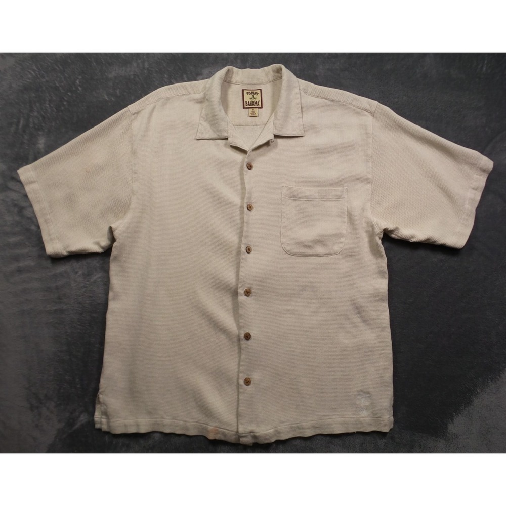 Tommy Bahama Shirt Mens Size XL Beige Button Up Short Sleeve 100% Silk Pocket